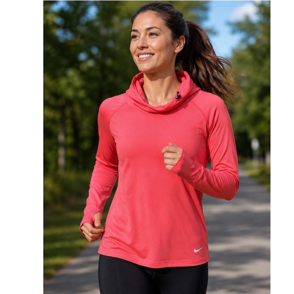 Nike Dri-FIT Women Medium Pink Cowl Neck Running Pullover Thumbhole Athletic Top
